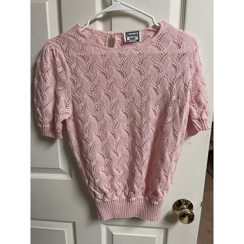 70's Kenneth Too Pink Crochet Open Knit Short Sleeve Sweater Blouse Small Pink